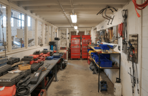 View of auto shop tool room