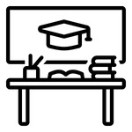 icon of a desk with books and pen cup. A whiteboard is hanging in the background with a graduation cap in the center